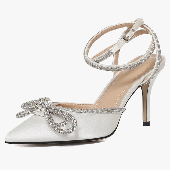 Shoes - Satin high heel, double bow rhinestone heel. Great for engagement, wedding, etc